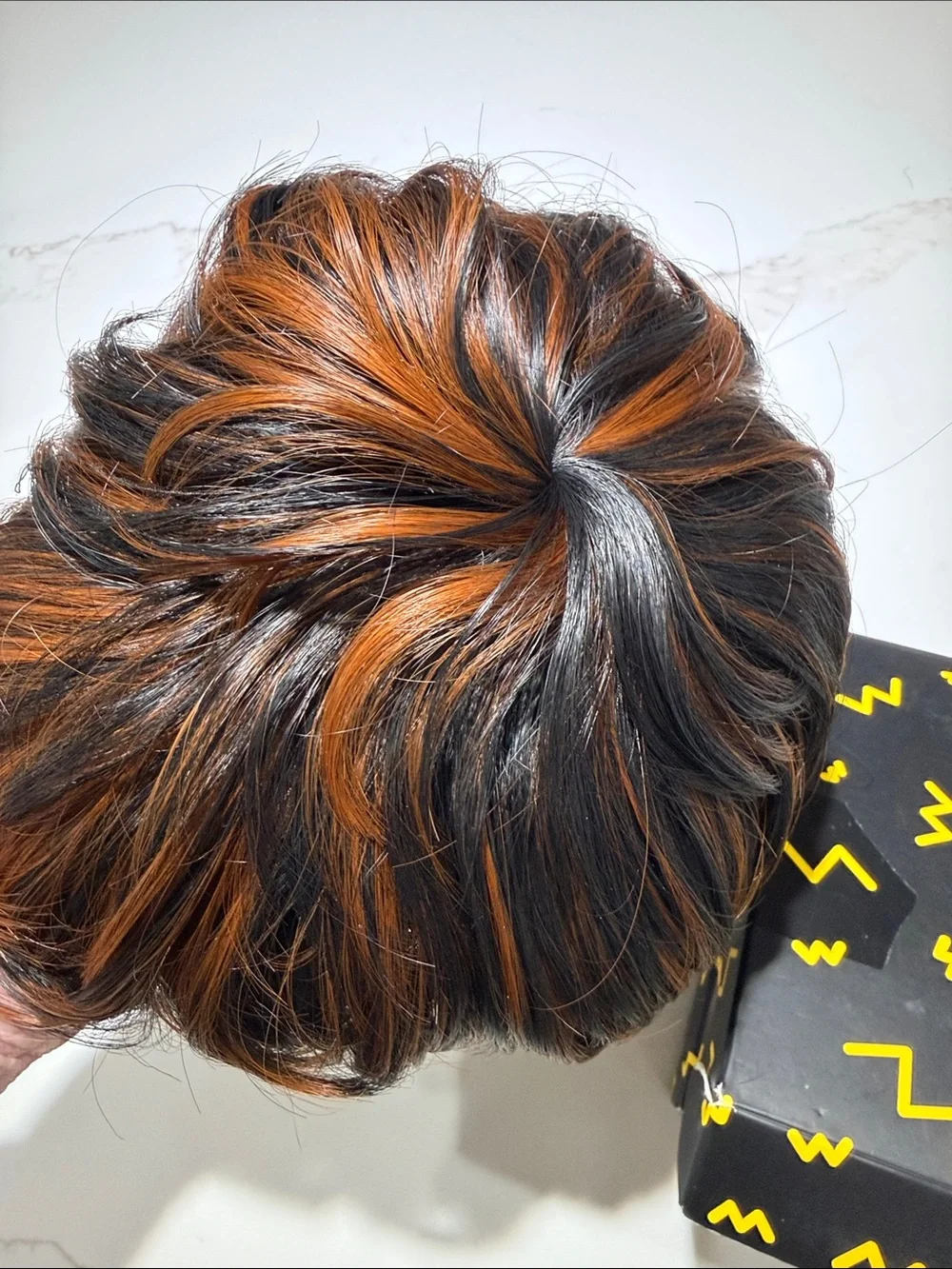 HAIR, Pixie Cut with Bangs, Black with Copper/Carmel highlights